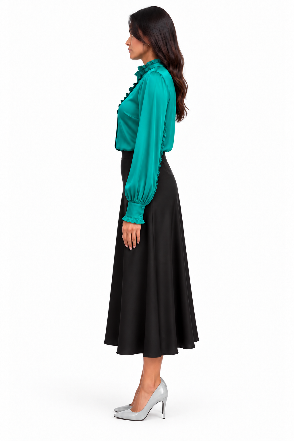 Ruffle Stand Collar Long Sleeve Shirt In Emerald Solid