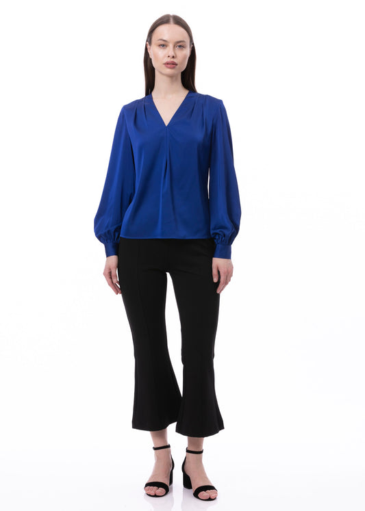 Blusa de manga larga abullonada con escote en V y detalle de pliegues en cobalto liso