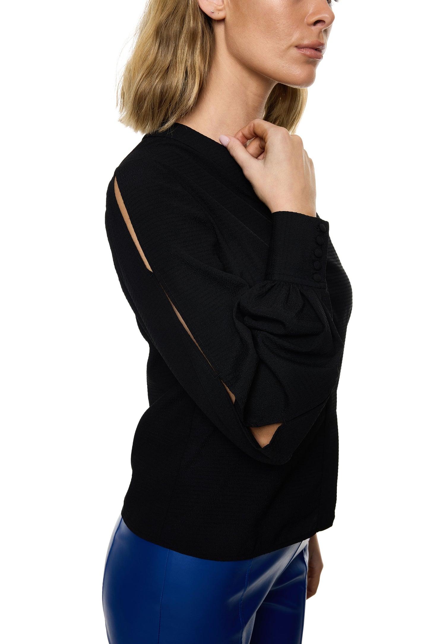 V-Neck Bar Tack Long Sleeve Blouse (Print)