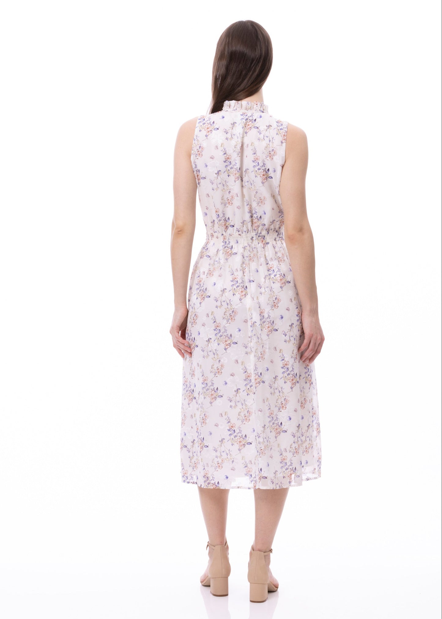 Vestido sin mangas con cintura fruncida y lazo delantero con bolsillos y estampado Jardín Romántico