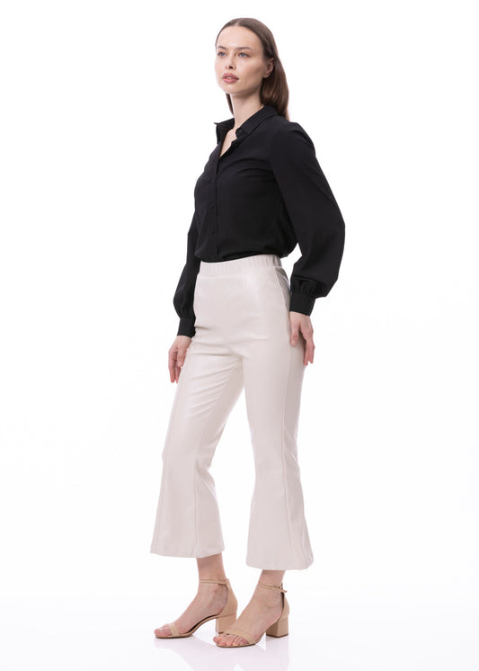Pantalones Campana Ajustados de Piel Sintética Color Caqui Liso