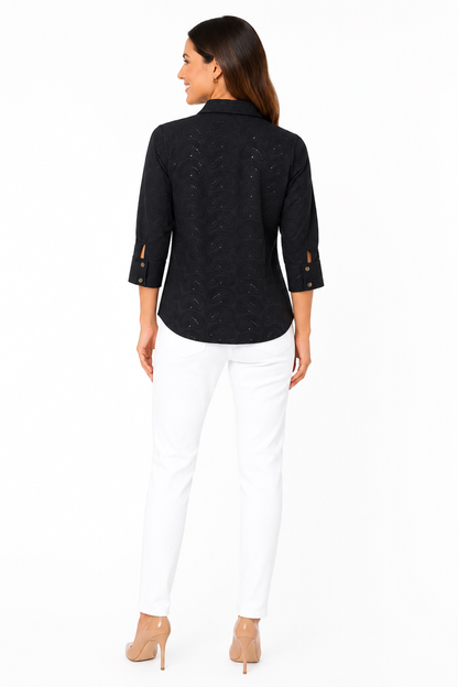Embroidered Cotton V-neck Short Sleeve Shirt Blouse In Black Solid