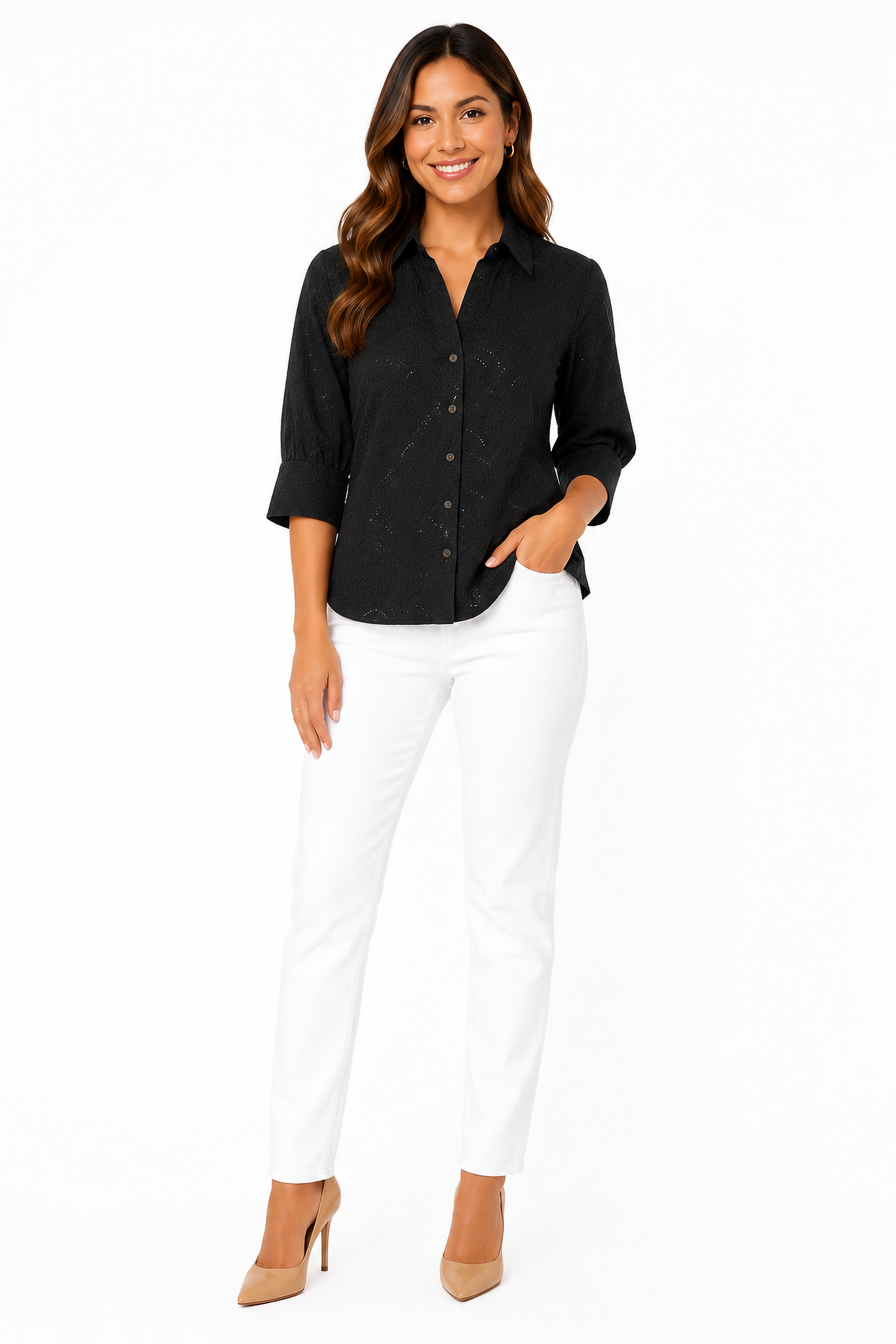 Embroidered Cotton V-neck Short Sleeve Shirt Blouse In Black Solid