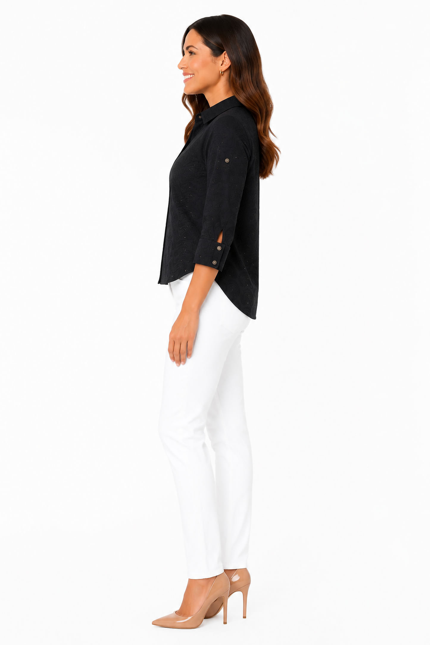 Embroidered Cotton V-neck Short Sleeve Shirt Blouse In Black Solid