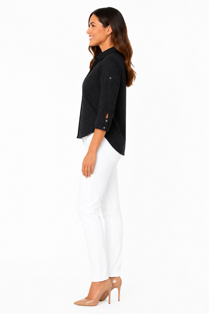 Embroidered Cotton V-neck Short Sleeve Shirt Blouse In Black Solid