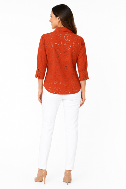 Embroidered Cotton V-neck Short Sleeve Shirt Blouse In Rust Solid
