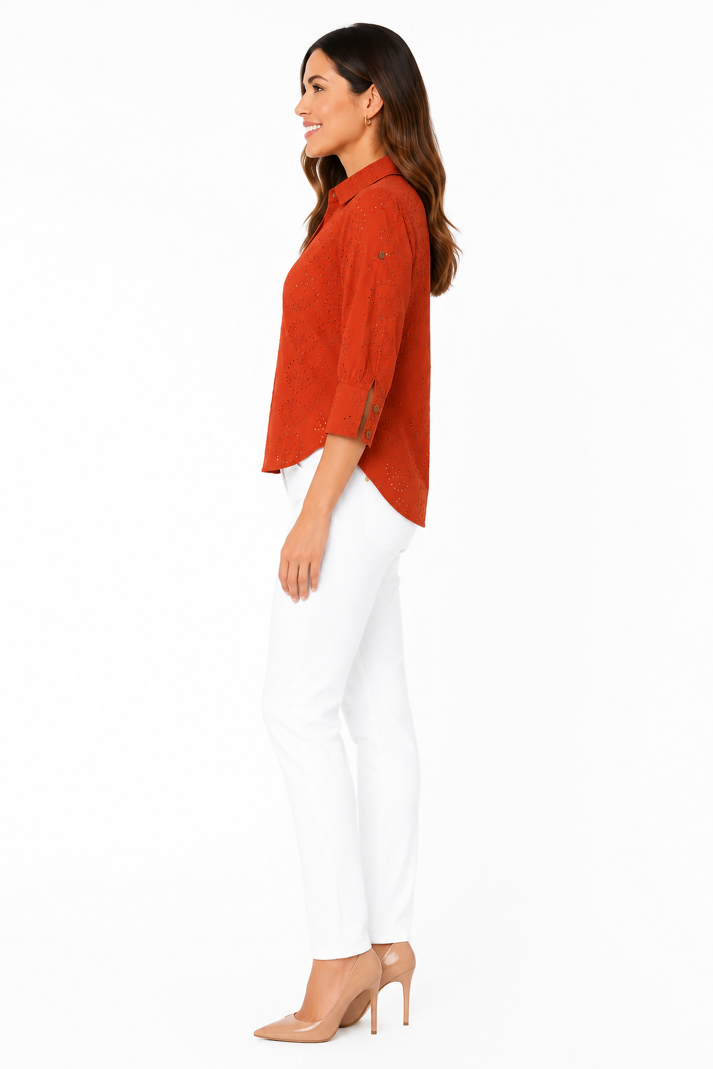 Embroidered Cotton V-neck Short Sleeve Shirt Blouse In Rust Solid