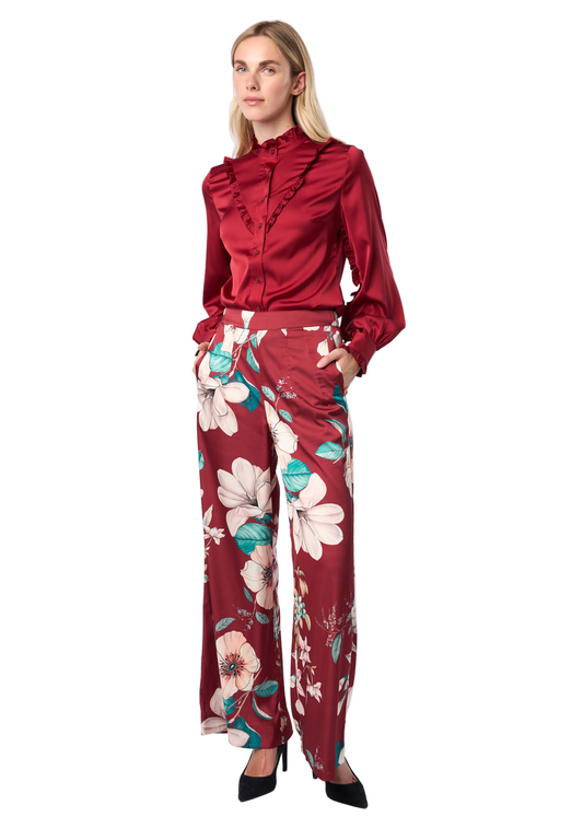 Pleat Dart Detail Pullover Satin Palazzo Wide leg Pants In Burgundy Multi Romantic Floral Print
