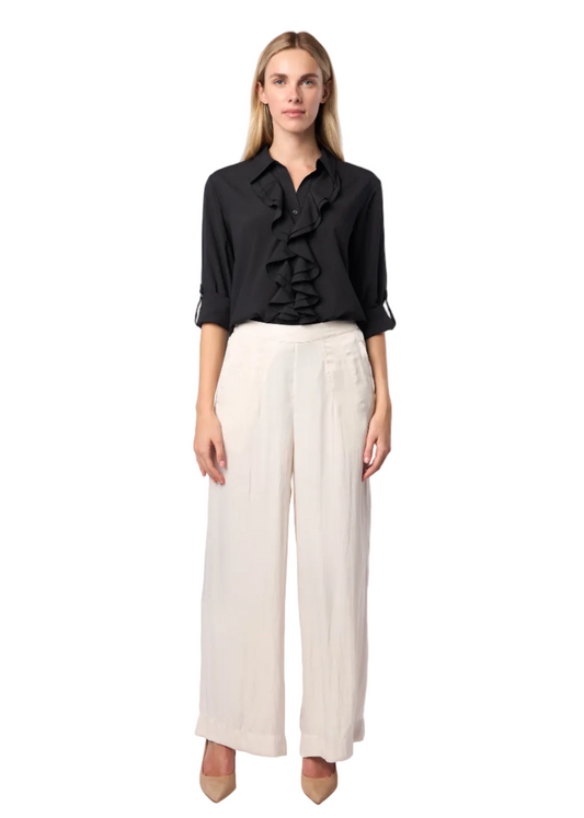 Pleat Dart Detail Pullover Satin Palazzo Wide leg Pants In Khaki Champagne Solid