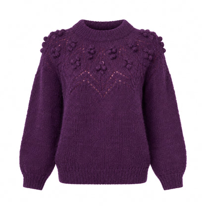 Bobble Pointelle Alpaca Handmade Sweater in Acai Solid
