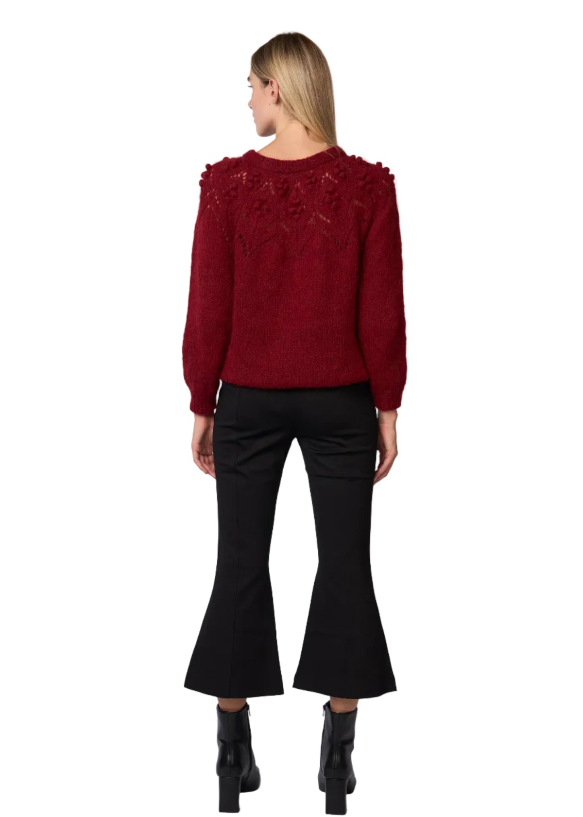 Bobble Pointelle Alpaca Handmade Sweater in Burgundy Solid