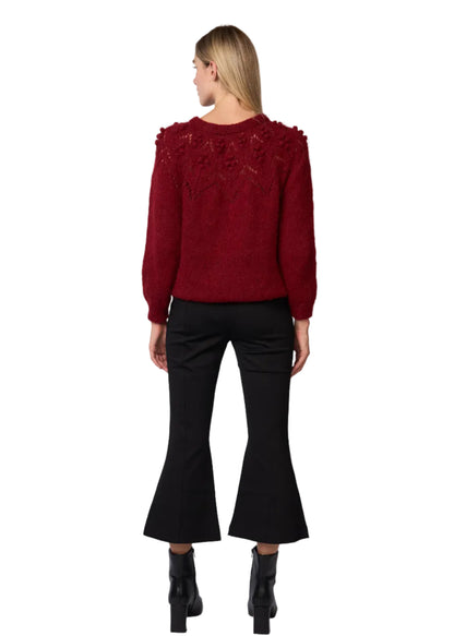 Bobble Pointelle Alpaca Handmade Sweater in Burgundy Solid