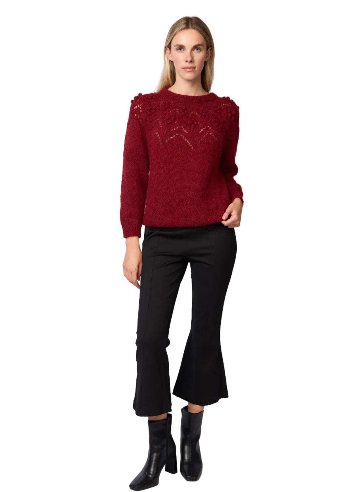 Bobble Pointelle Alpaca Handmade Sweater in Burgundy Solid