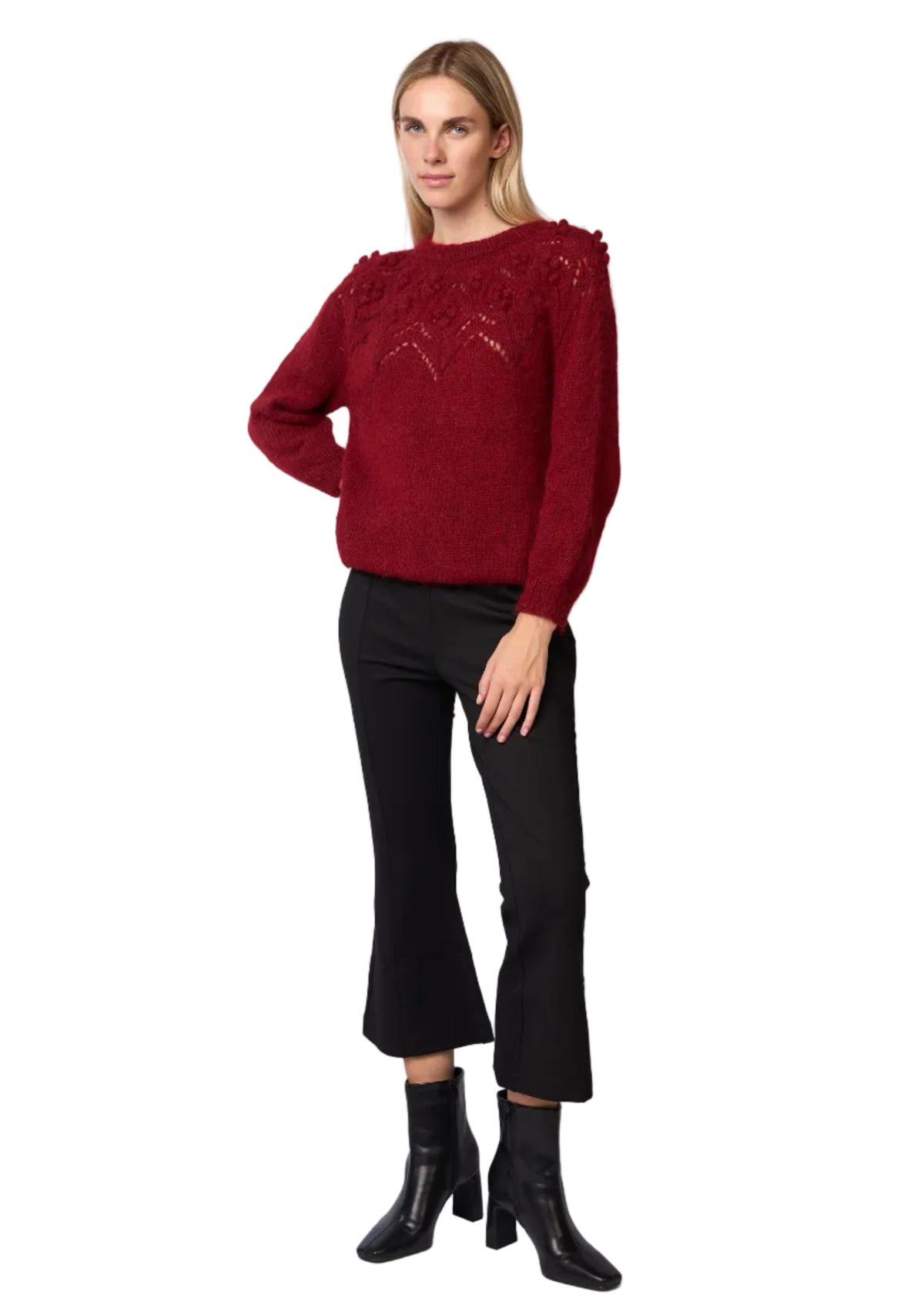 Bobble Pointelle Alpaca Handmade Sweater in Burgundy Solid