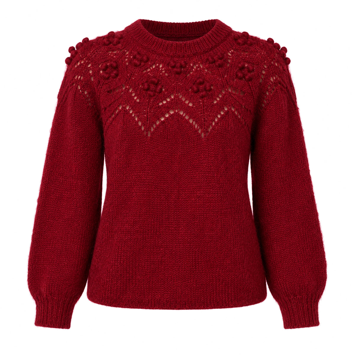 Bobble Pointelle Alpaca Handmade Sweater in Burgundy Solid
