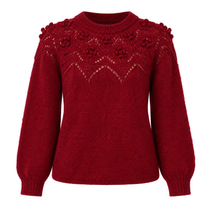 Bobble Pointelle Alpaca Handmade Sweater in Burgundy Solid