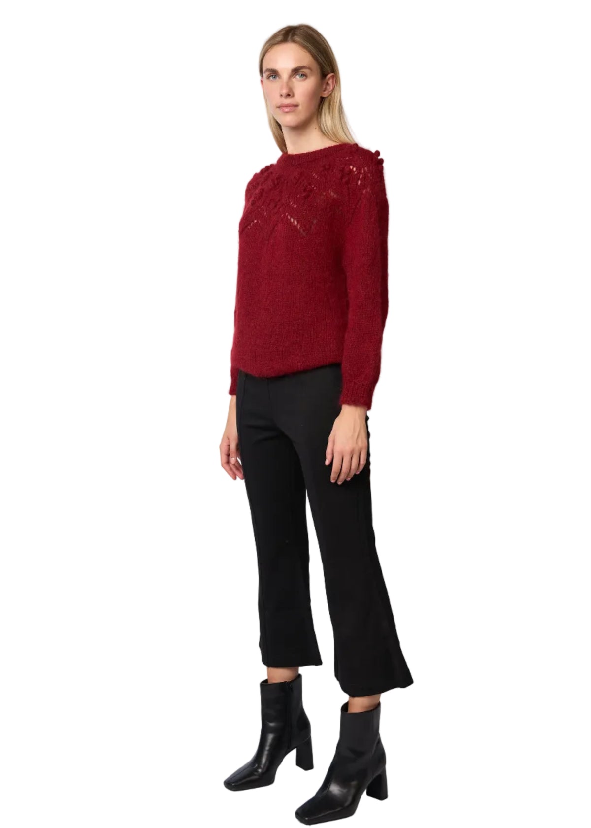 Bobble Pointelle Alpaca Handmade Sweater in Burgundy Solid