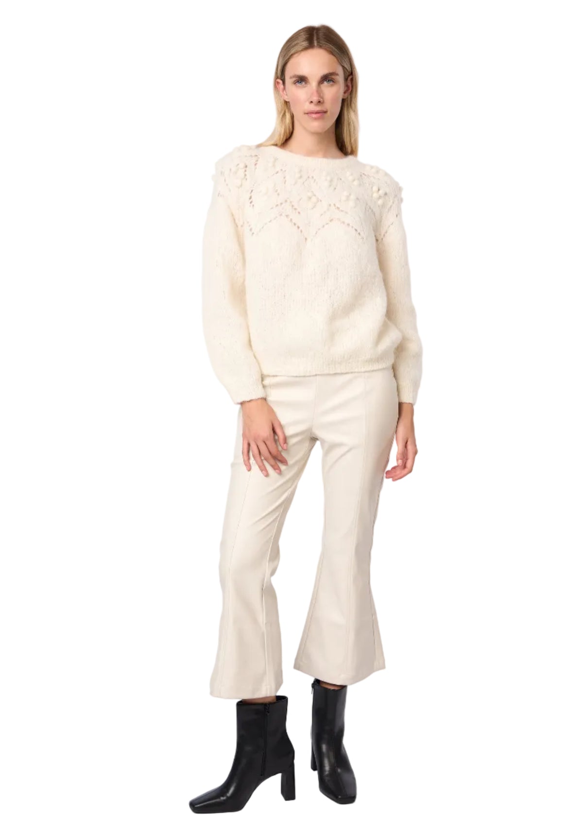 Bobble Pointelle Alpaca Handmade Sweater in Ecru Solid