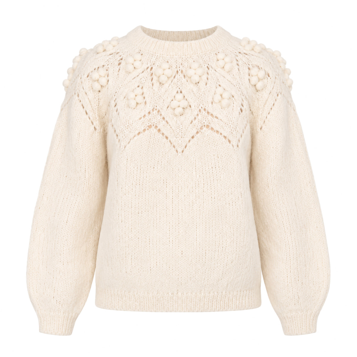Bobble Pointelle Alpaca Handmade Sweater in Ecru Solid