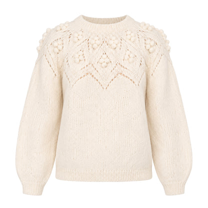 Bobble Pointelle Alpaca Handmade Sweater in Ecru Solid