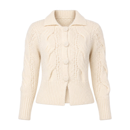 Cable Knit Alpaca Cardigan Handmade Sweater in Ecru Solid