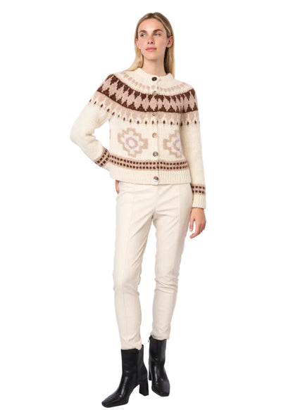 Fair Isle De Sol Alpaca Cardigan Handmade Sweater in Ecru Lilac Combo