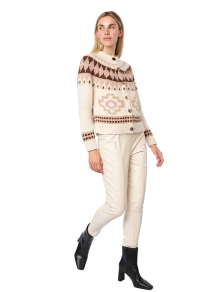Fair Isle De Sol Alpaca Cardigan Handmade Sweater in Ecru Lilac Combo