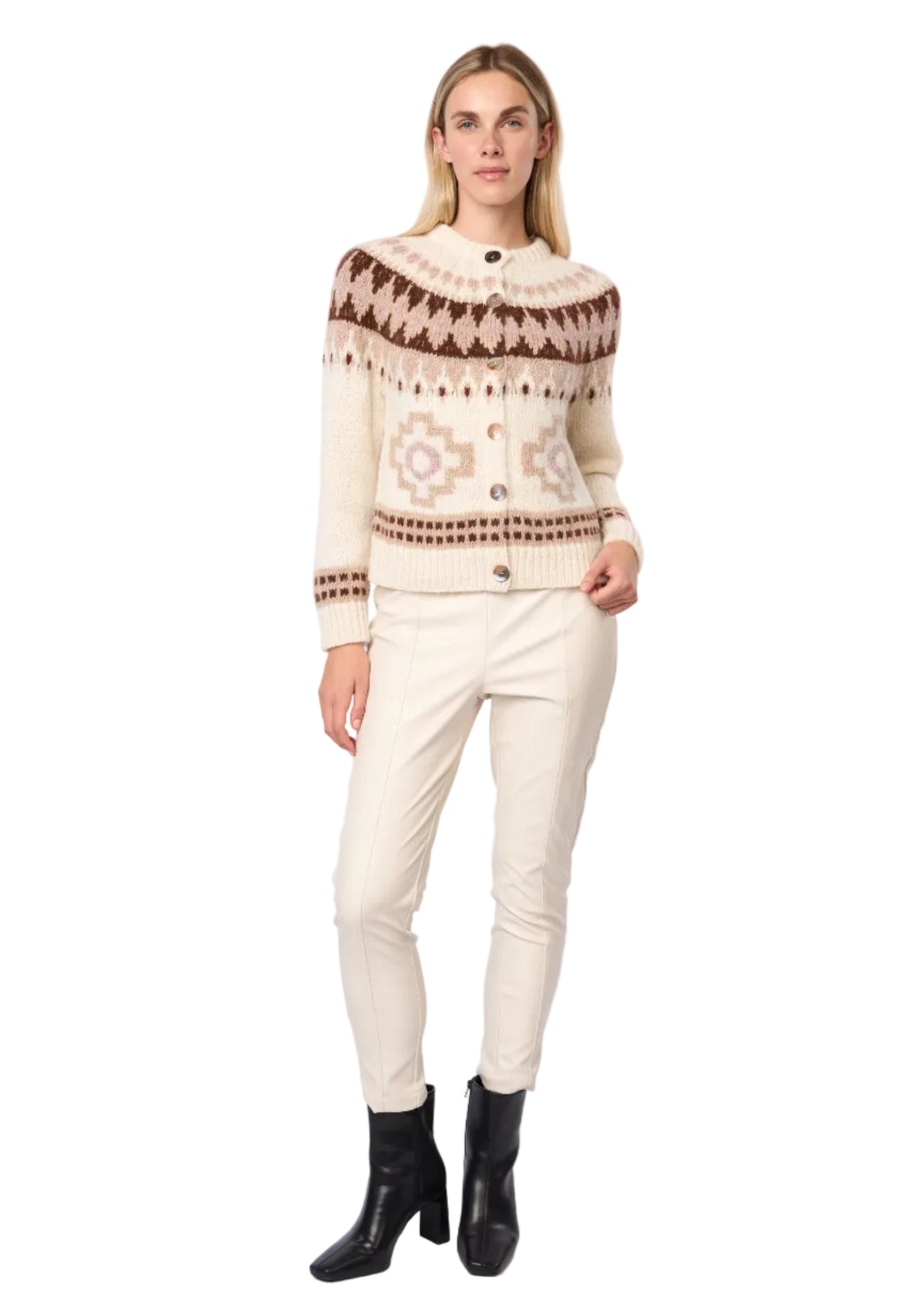 Fair Isle De Sol Alpaca Cardigan Handmade Sweater in Ecru Lilac Combo