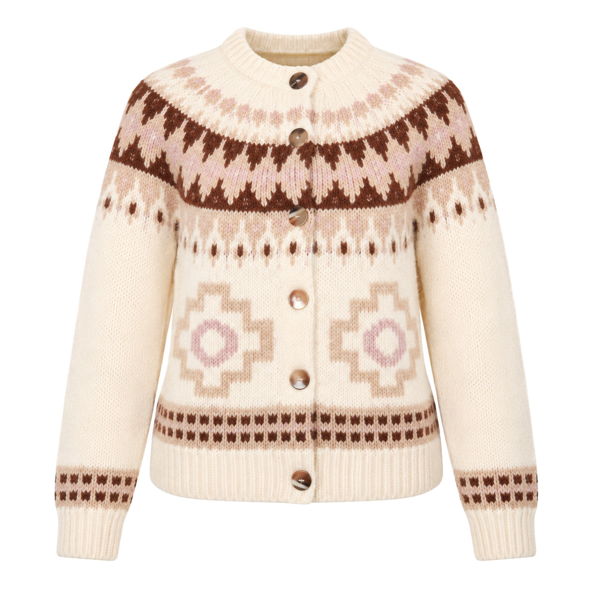 Fair Isle De Sol Alpaca Cardigan Handmade Sweater in Ecru Lilac Combo