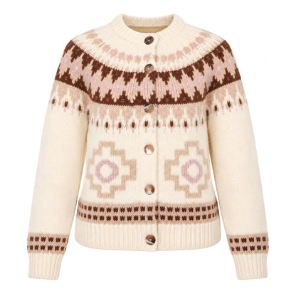 Fair Isle De Sol Alpaca Cardigan Handmade Sweater in Ecru Lilac Combo