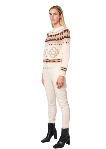 Fair Isle De Sol Alpaca Cardigan Handmade Sweater in Ecru Lilac Combo