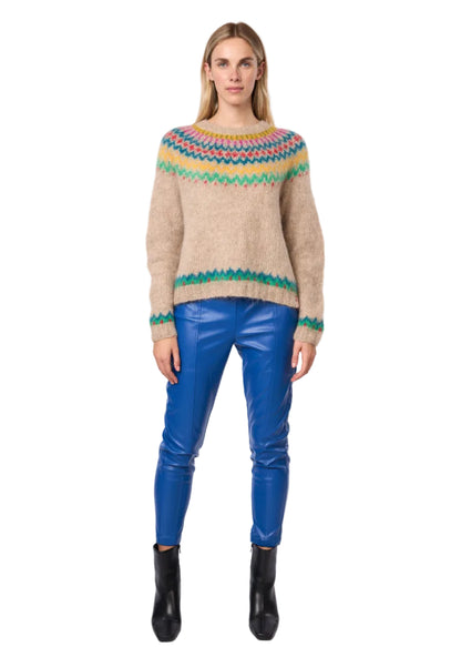 Fair Isle De Cusco Pullover Alpaca Handmade Sweater in Tan Multi Combo