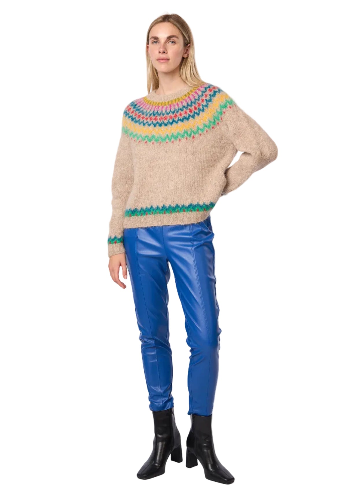 Fair Isle De Cusco Pullover Alpaca Handmade Sweater in Tan Multi Combo