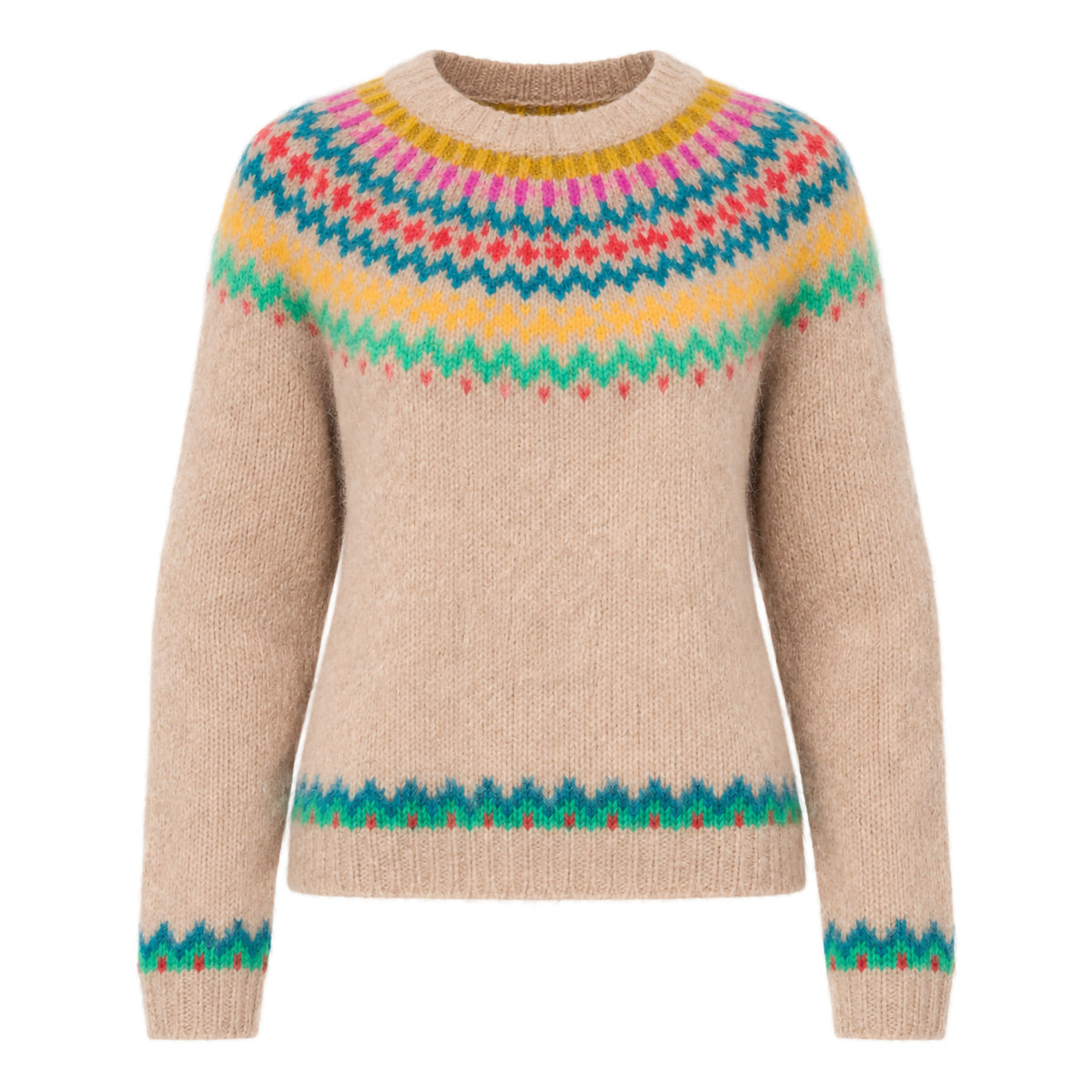 Fair Isle De Cusco Pullover Alpaca Handmade Sweater in Tan Multi Combo