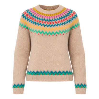Fair Isle De Cusco Pullover Alpaca Handmade Sweater in Tan Multi Combo