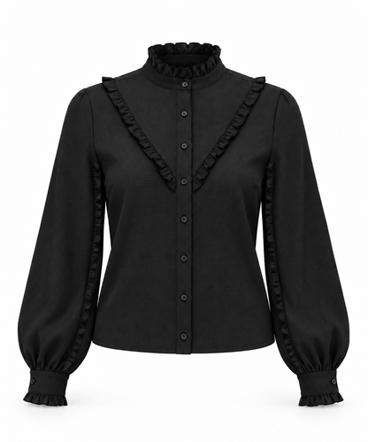 Ruffle Stand Collar Long Sleeve Striped Satin Jacquard Shirt In Black Solid