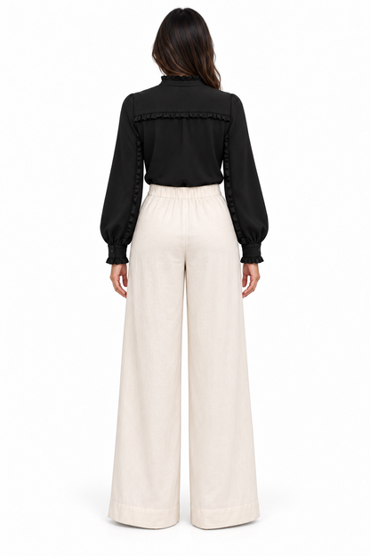 Ruffle Stand Collar Long Sleeve Striped Satin Jacquard Shirt In Black Solid