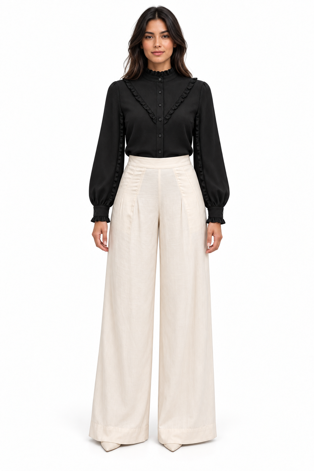 Ruffle Stand Collar Long Sleeve Striped Satin Jacquard Shirt In Black Solid