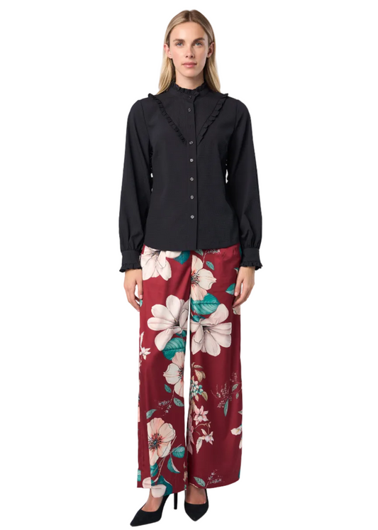 Ruffle Stand Collar Long Sleeve Striped Satin Jacquard Shirt In Black Solid