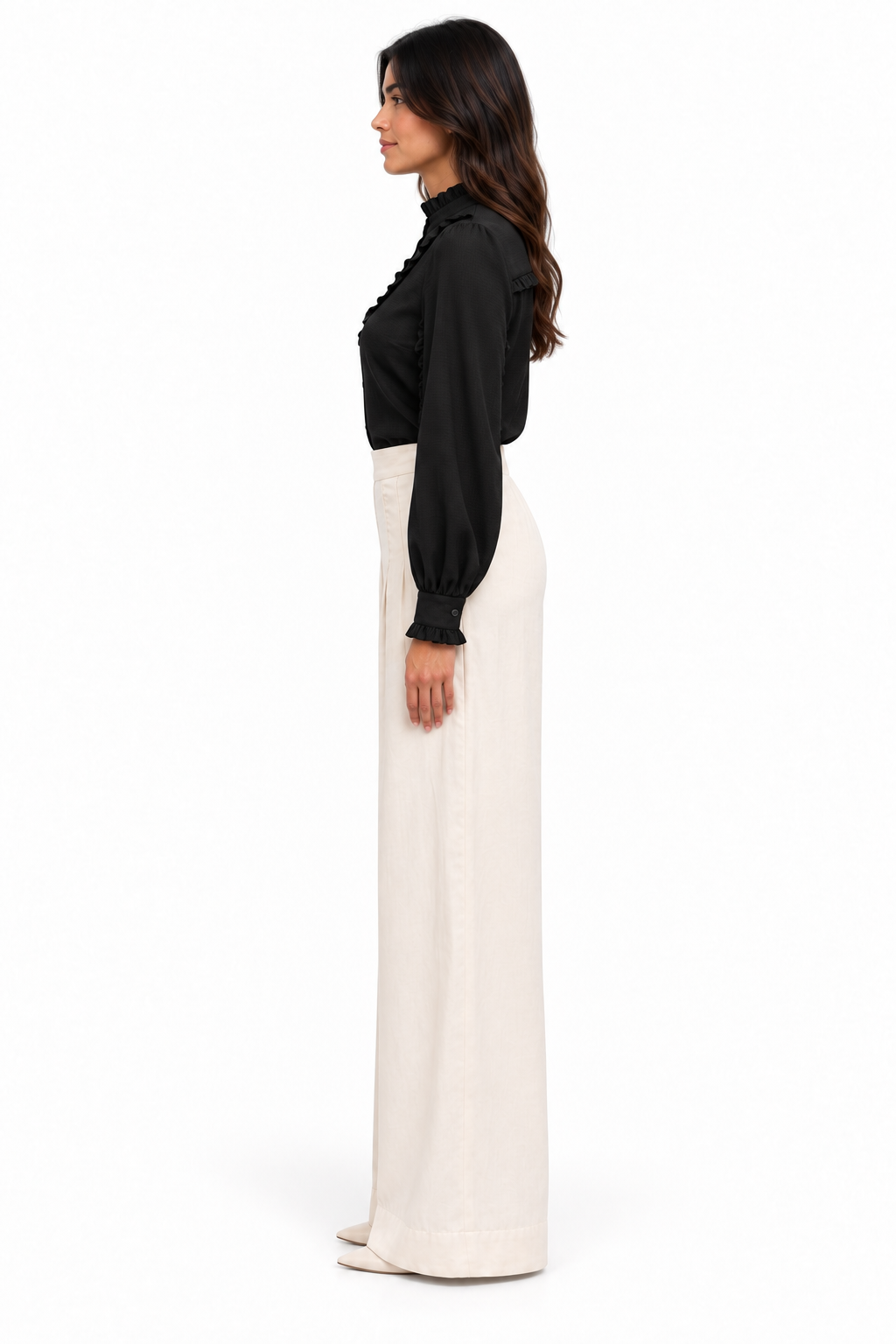 Ruffle Stand Collar Long Sleeve Striped Satin Jacquard Shirt In Black Solid