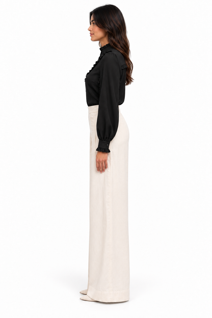 Ruffle Stand Collar Long Sleeve Striped Satin Jacquard Shirt In Black Solid