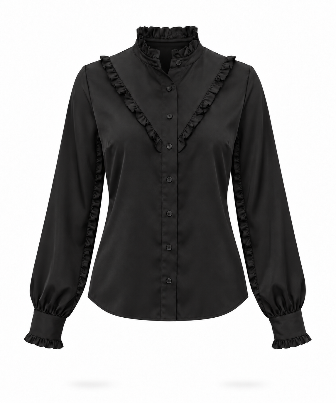 Ruffle Stand Collar Long Sleeve Shirt In Black Solid
