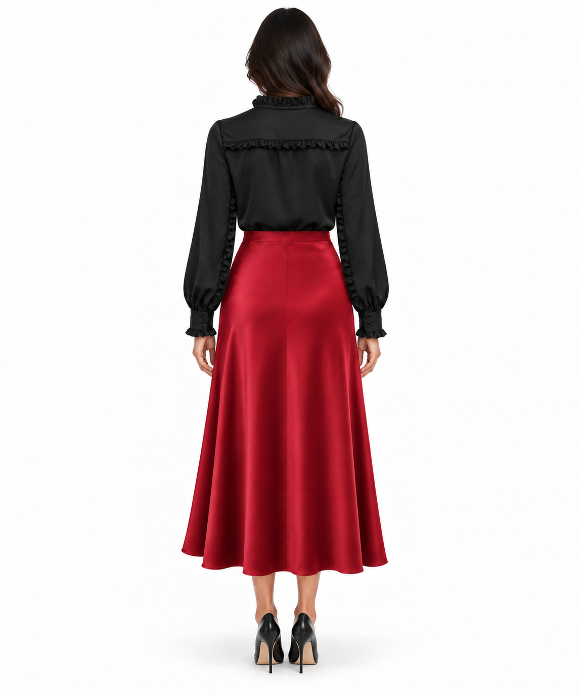 Ruffle Stand Collar Long Sleeve Shirt In Black Solid