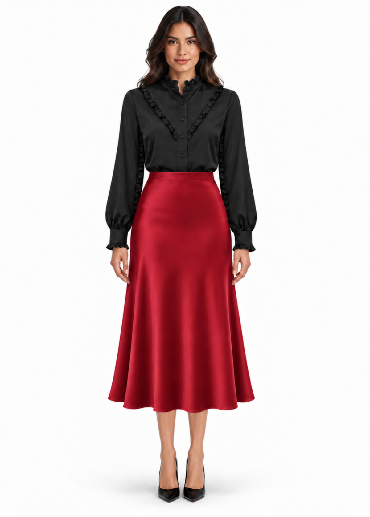 Ruffle Stand Collar Long Sleeve Shirt In Black Solid