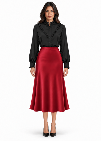 Ruffle Stand Collar Long Sleeve Shirt In Black Solid