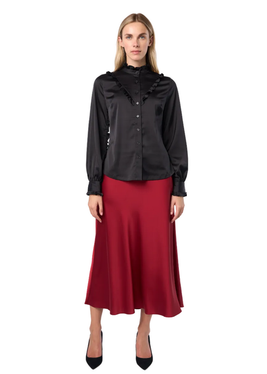 Ruffle Stand Collar Long Sleeve Shirt In Black Solid