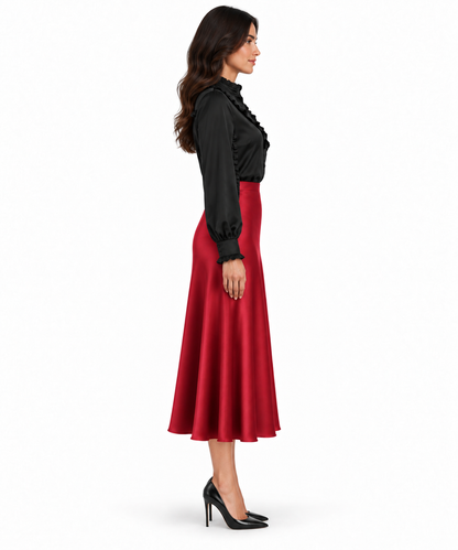 Ruffle Stand Collar Long Sleeve Shirt In Black Solid