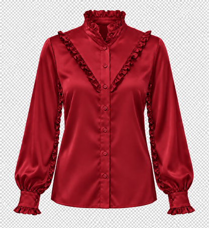 Ruffle Stand Collar Long Sleeve Shirt In Burgundy Solid