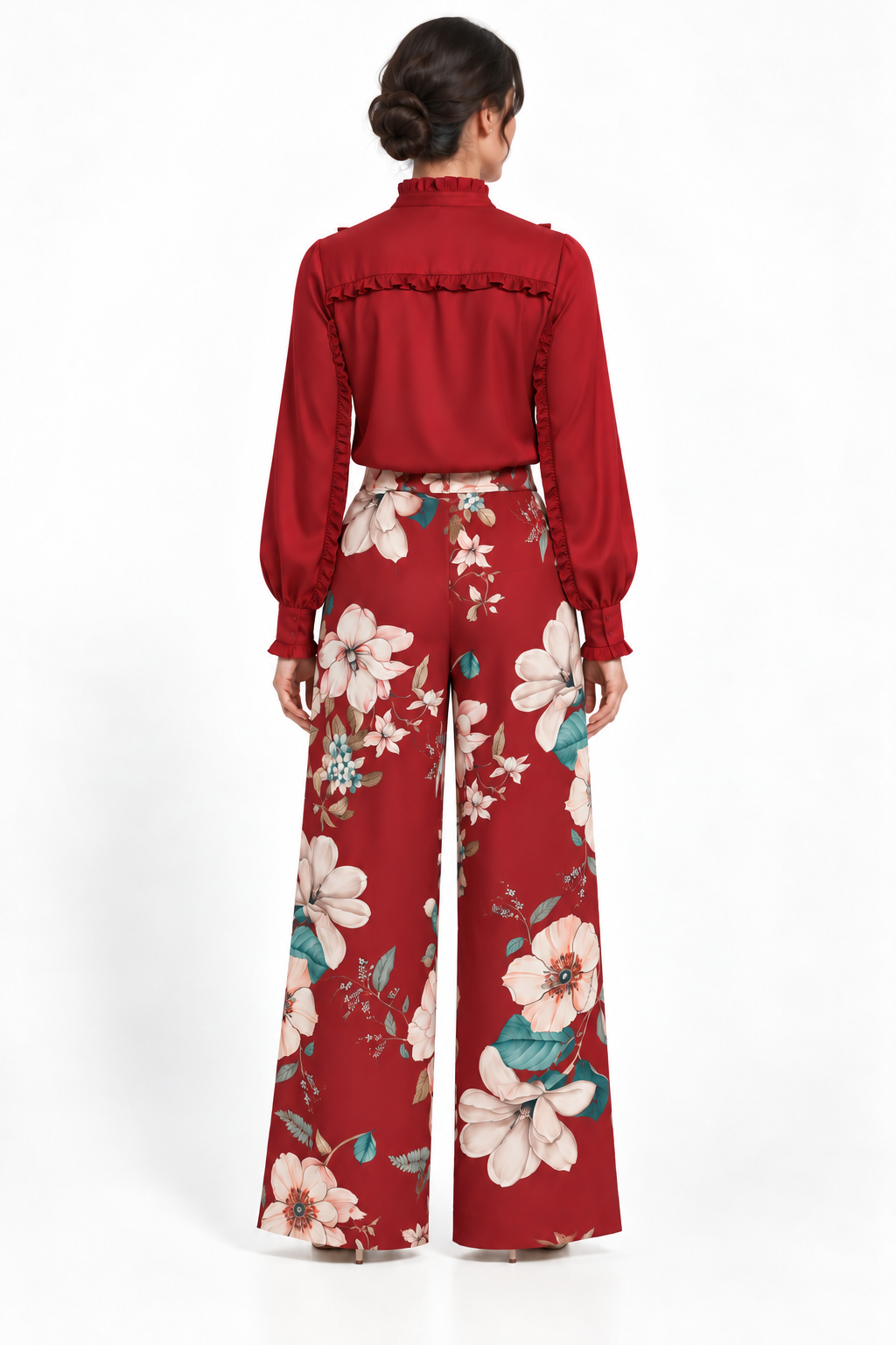 Ruffle Stand Collar Long Sleeve Shirt In Burgundy Solid