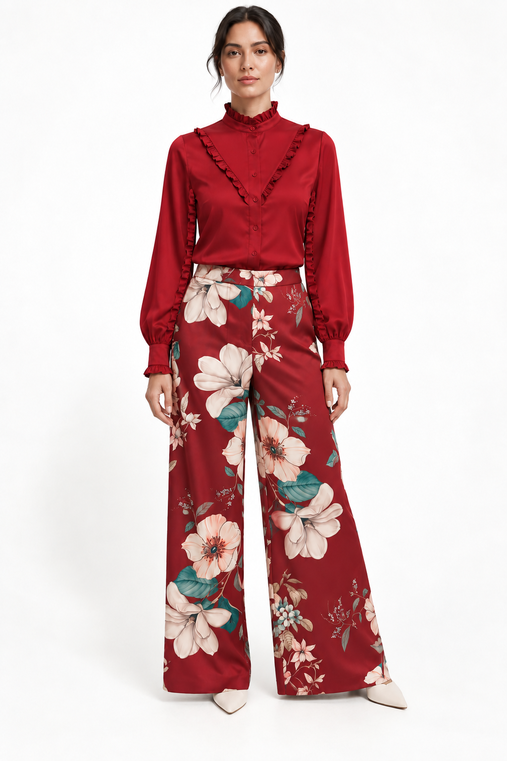 Ruffle Stand Collar Long Sleeve Shirt In Burgundy Solid
